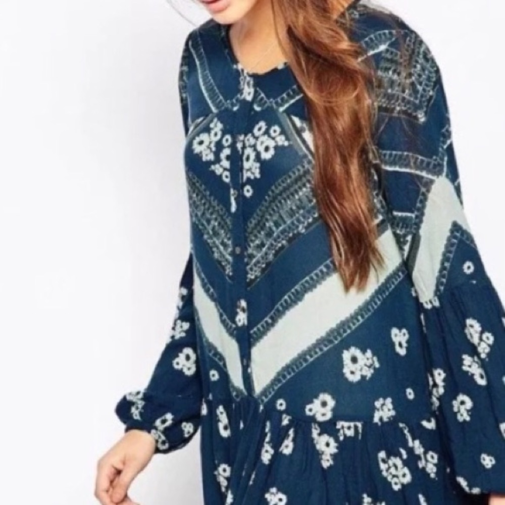 Printed Swing Mini DRESS Longsleeve Blue Grey - Picture 2 of 3